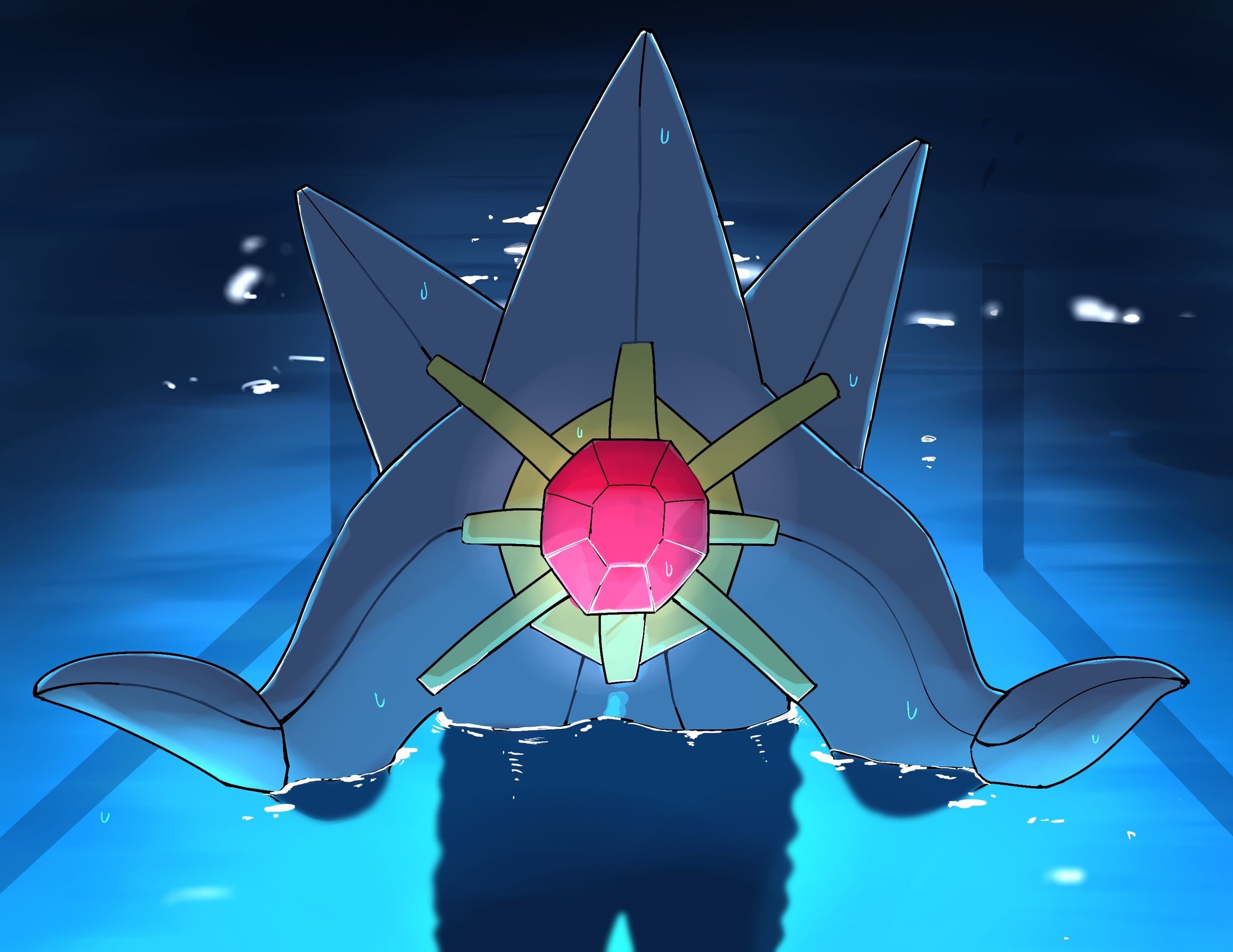 mega starmie, starmie, chainsaw man, nintendo, pokemon, pokemon legends: z-a, highres, colored skin, creature, gem, gen 1 pokemon, i'll teach you everything (chainsaw man), meme, no humans, outstretched arms, parody, partially submerged, pokemon (creature), purple skin, red gemstone, solo, soul tamashi777, spread arms, starfish, water