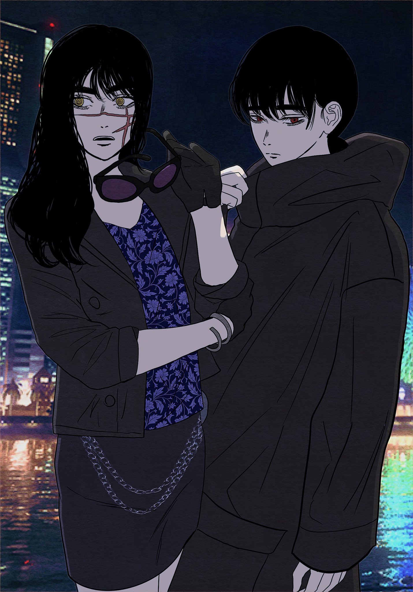 cdtxufre, han joon-gi, mitaka asa, seonhee, yoru (chainsaw man), chainsaw man, ryuu ga gotoku (series), ryuu ga gotoku 7, highres, 2girls, black gloves, black hair, black jacket, black skirt, cosplay, cross scar, facial scar, fujimoto tatsuki (style), gloves, han joon-gi (cosplay), holding, jacket, jewelry, long hair, long sleeves, looking at viewer, low twintails, miniskirt, multiple girls, open clothes, open jacket, pants, ringed eyes, round eyewear, scar, scar on cheek, scar on face, scar on nose, seonhee (cosplay), shirt, skirt, standing, sunglasses, twintails, yokohama