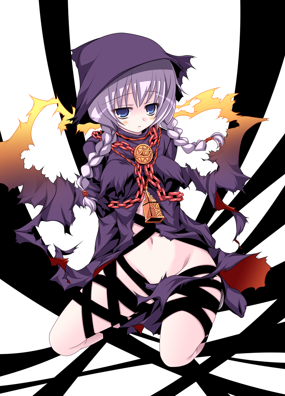 yaegawa mahiro, curse maker, curse maker 2, atlus, etrian odyssey, bad id, bad pixiv id, highres, 1girl, bell, blue eyes, braid, chain, female focus, hat, jewelry, long hair, navel, necklace, purple hair, solo, torn clothes, twin braids