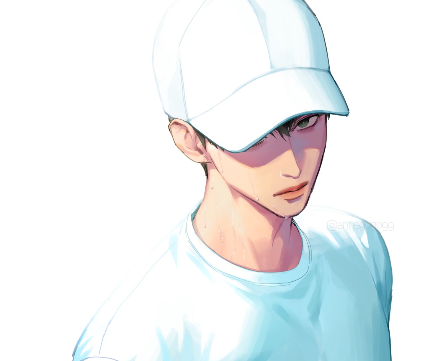 annegogo99, hamin (plave), plave, commentary request, highres, korean commentary, 1boy, black hair, crew neck, grey eyes, lips, looking at viewer, male focus, one eye covered, sanpaku, shirt, short hair, simple background, solo, sweat, t-shirt, upper body, white background, white shirt
