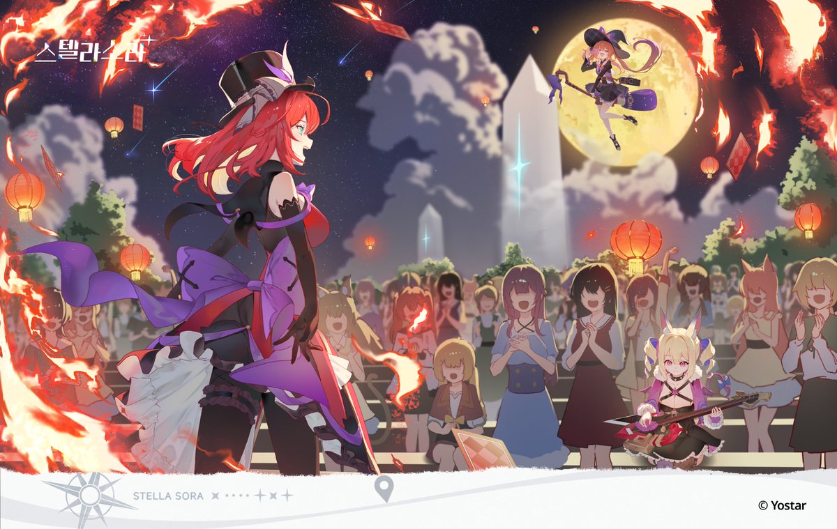 mont blanca, stella sora, 6+girls, black gloves, blonde hair, broom, broom riding, card, dress, elbow gloves, fire, flora (stella sora), full moon, gloves, guest art, hat, long hair, mistique (stella sora), moon, multiple girls, night, night sky, open mouth, pantyhose, red hair, sky, smile, star (sky), starry sky, top hat, witch hat