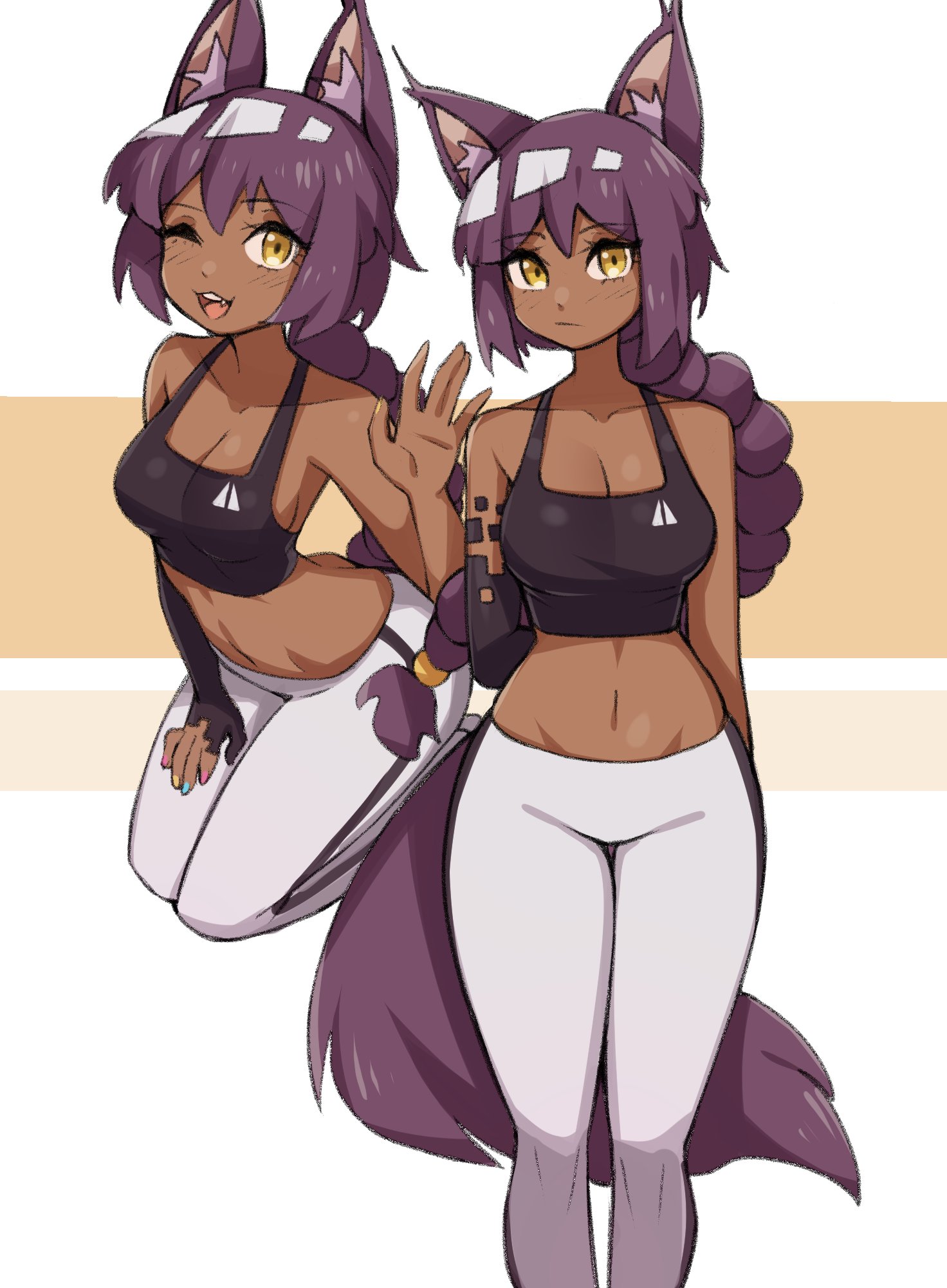 oninuer, original, commentary, english commentary, highres, 1girl, animal ear fluff, animal ears, black tank top, breasts, cat ears, cat girl, cat tail, cleavage, closed mouth, collarbone, crop top, dark-skinned female, dark skin, double-parted bangs, hand up, long hair, looking at viewer, medium breasts, midriff, multiple views, one eye closed, open mouth, pants, purple hair, smile, tail, tank top, white pants, yellow eyes