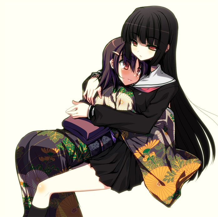 tajima yoshikazu, enma ai, mikage yuzuki, jigoku shoujo, 00s, 2girls, black hair, black serafuku, blunt bangs, hime cut, hug, japanese clothes, kimono, long hair, multiple girls, red eyes, school uniform, serafuku, skirt