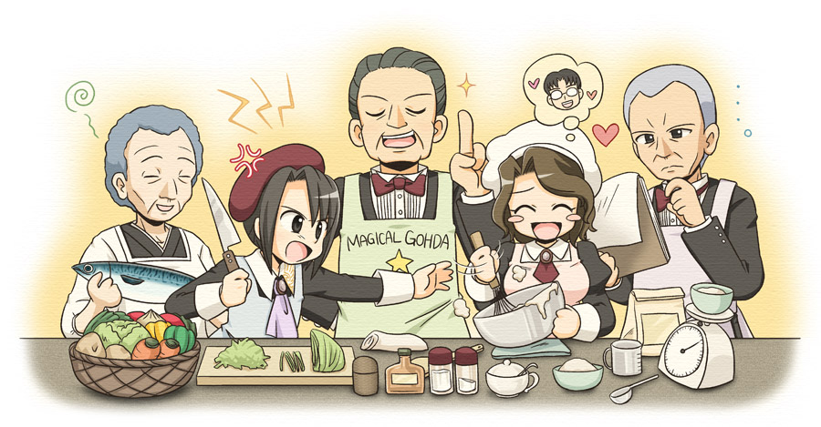 manaka (pdx), gouda toshirou, kanon (umineko), kumasawa chiyo, ronoue genji, shannon (umineko), ushiromiya george, 07th expansion, no naku koro ni (series), umineko no naku koro ni, 00s, 2girls, 3boys, cooking, fish, multiple boys, multiple girls, old, old woman