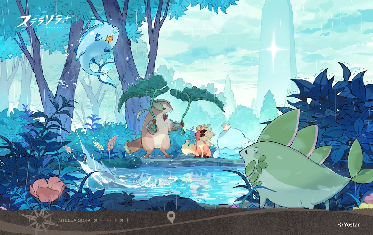 aisutabetao, pokemon, stella sora, animal, bird, bow, bowtie, bush, cloud, day, forest, guest art, holding, holding leaf, leaf, leaf umbrella, nature, no humans, outdoors, pokemon (creature), puddle, rain, red bow, red bowtie, sky, smile, sparkle, standing, star (symbol), tree, water, water drop