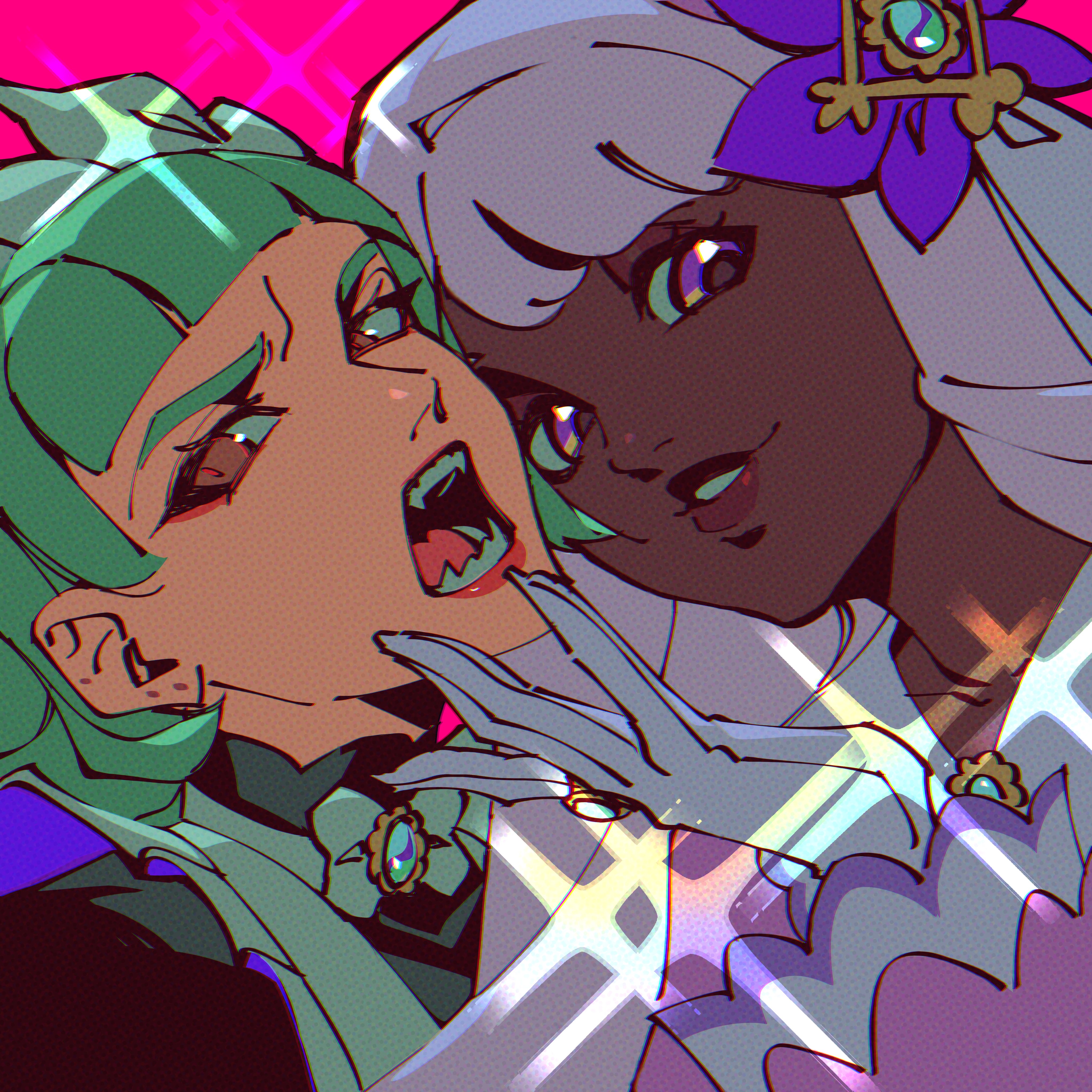 crocrubies, jacinthe (pokemon), lebanne (pokemon), nintendo, pokemon, pokemon legends: z-a, absurdres, highres, 2girls, bow, bowtie, brown eyes, dark-skinned female, dark skin, eyeliner, fascinator, gem, gloves, hand on another's chin, hand up, jewelry, lipstick, long hair, looking at viewer, maid, maid headdress, makeup, mega stone, multiple girls, open mouth, parted lips, portrait, purple eyes, purple hair, red eyeliner, red lips, ring, sharp teeth, smile, teeth, very dark skin, white bow, white bowtie, white gloves