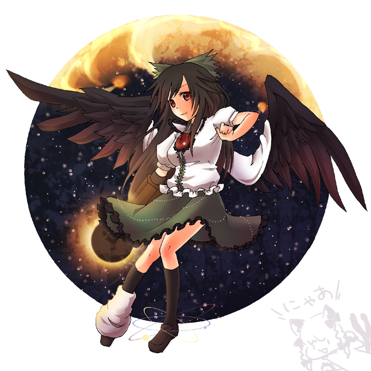 urita (vivivinicol), kaenbyou rin, reiuji utsuho, touhou, bad id, bad pixiv id, 2girls, braid, breasts, brown hair, female focus, full body, multiple girls, partially colored, skirt, white background, wings