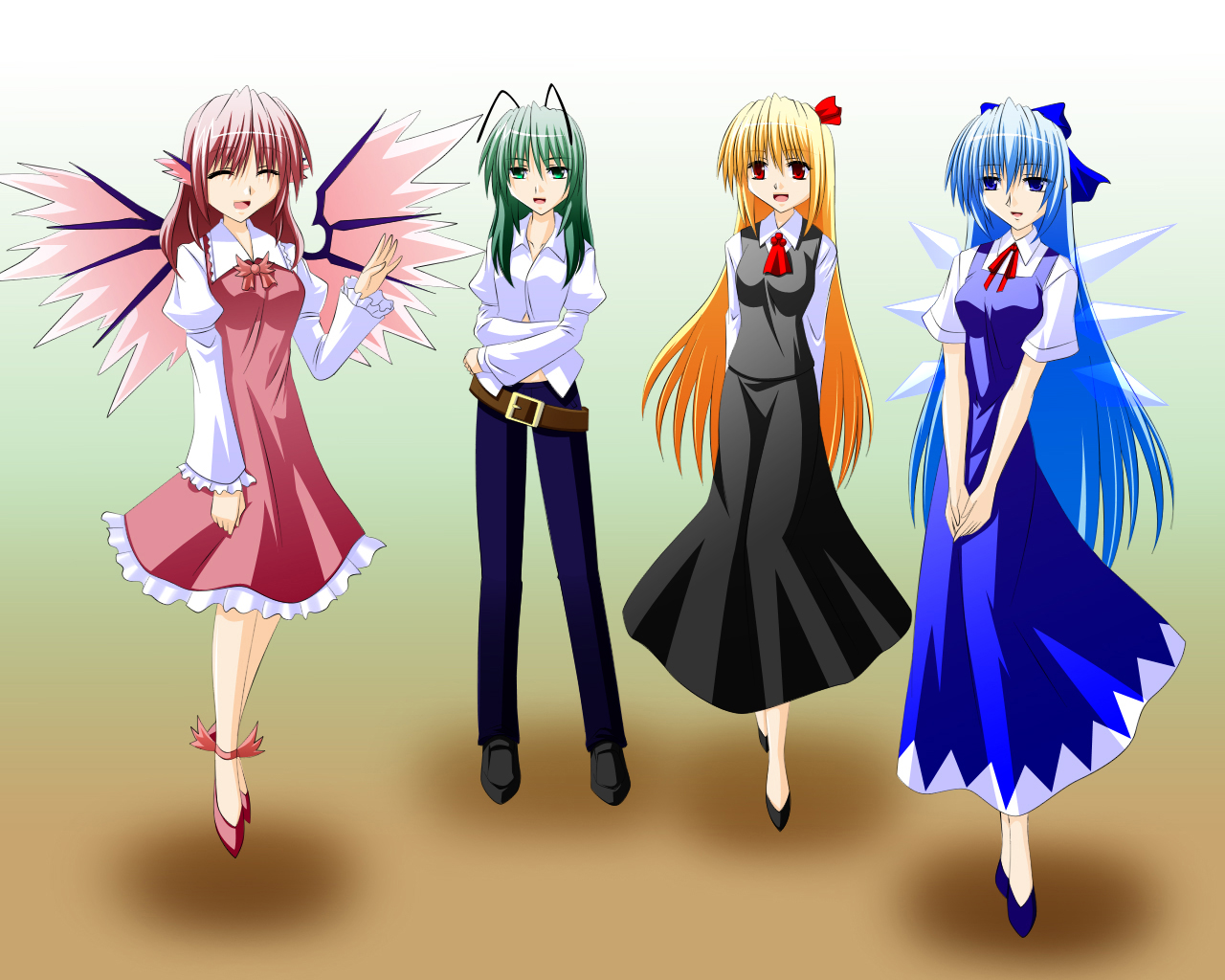 engo (aquawatery), engo (pixiv), cirno, mystia lorelei, rumia, wriggle nightbug, touhou, 4girls, aged up, alternate hair length, alternate hairstyle, antennae, belt, blonde hair, blue eyes, blue hair, bow, female focus, green eyes, green hair, hair ribbon, long hair, multiple girls, pink hair, red eyes, ribbon, team 9 (touhou), very long hair, wings