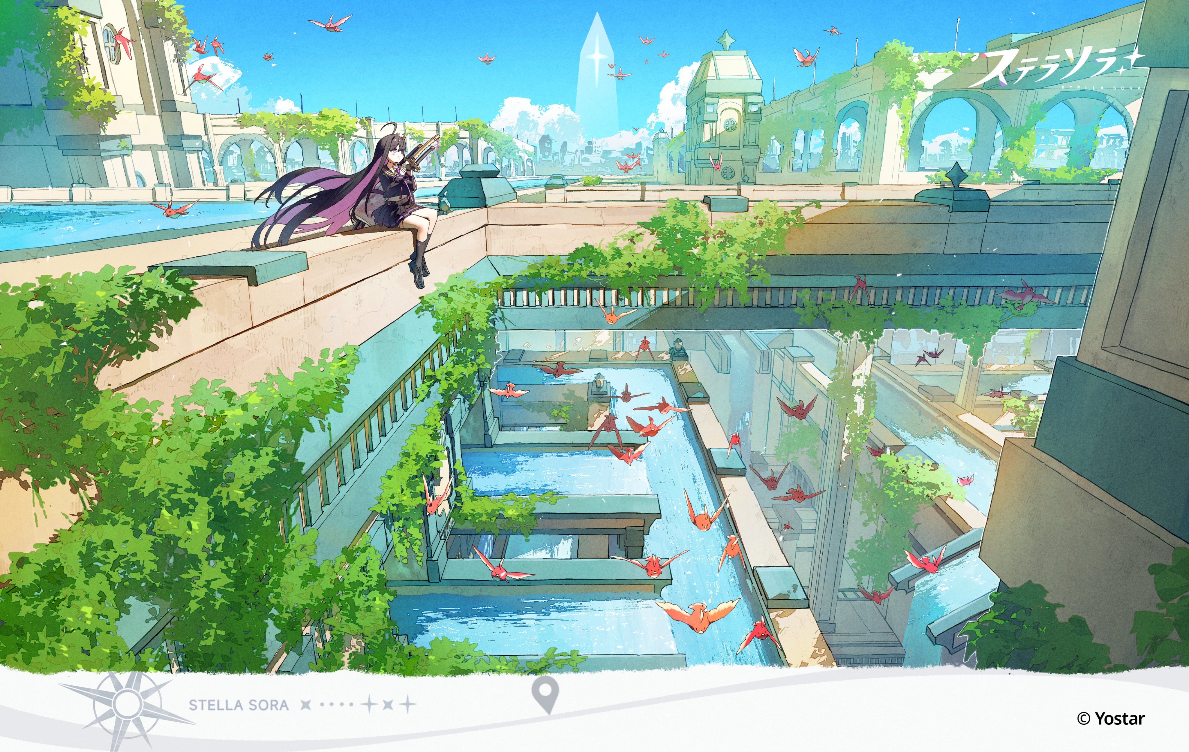 potg (piotegu), chitose (kancolle), stella sora, absurdres, highres, 1girl, ahoge, bird, black dress, blue sky, boots, building, day, dress, from side, guest art, long hair, multicolored hair, outdoors, pointy ears, purple hair, scenery, sitting, sky, solo, stairs, vanishing point, very long hair, water, wide shot