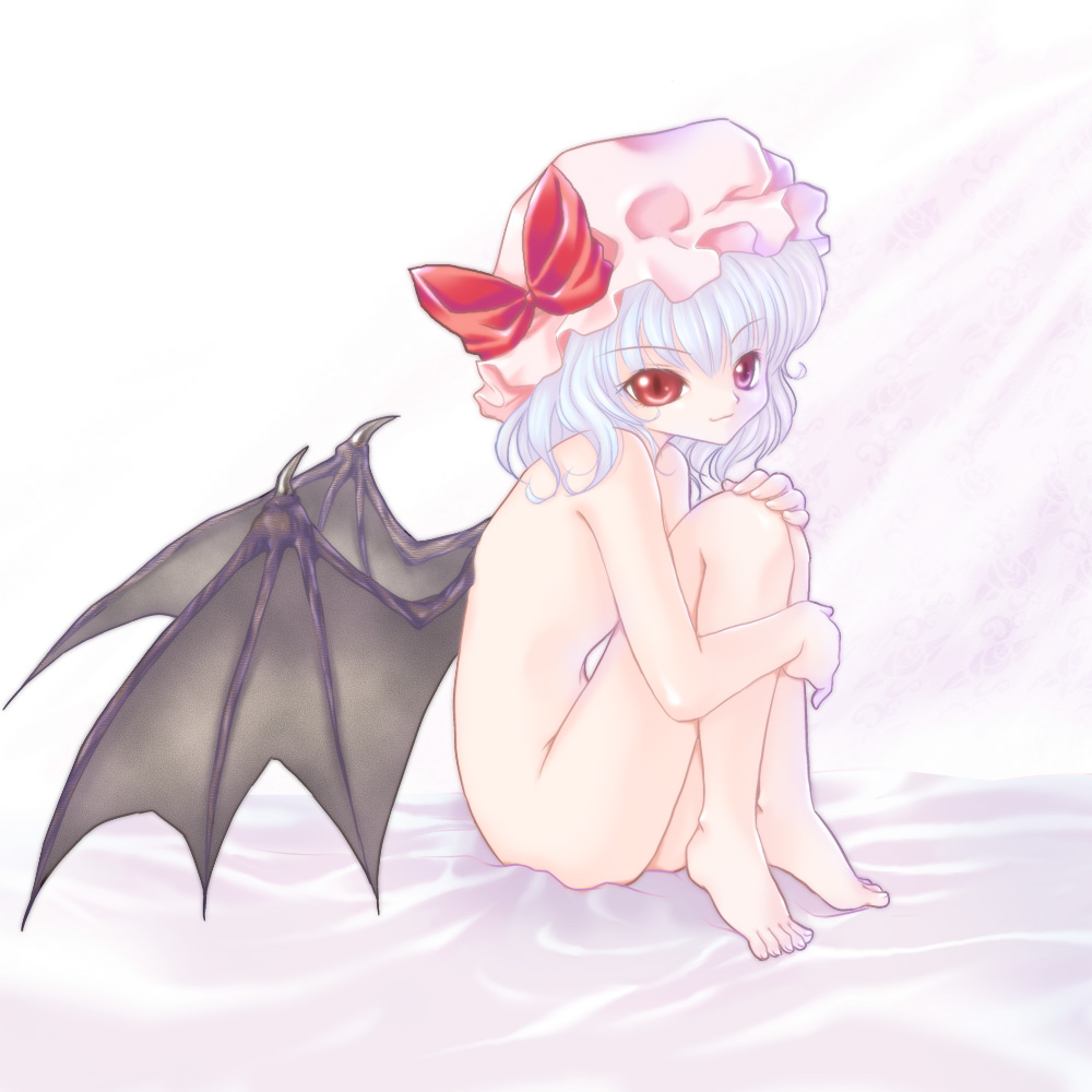 nerisu, remilia scarlet, touhou, bad id, bad pixiv id, 1girl, barefoot, bat wings, blue hair, feet, female focus, flat chest, hat, hugging own legs, nude, red eyes, short hair, smile, solo, white background, wings