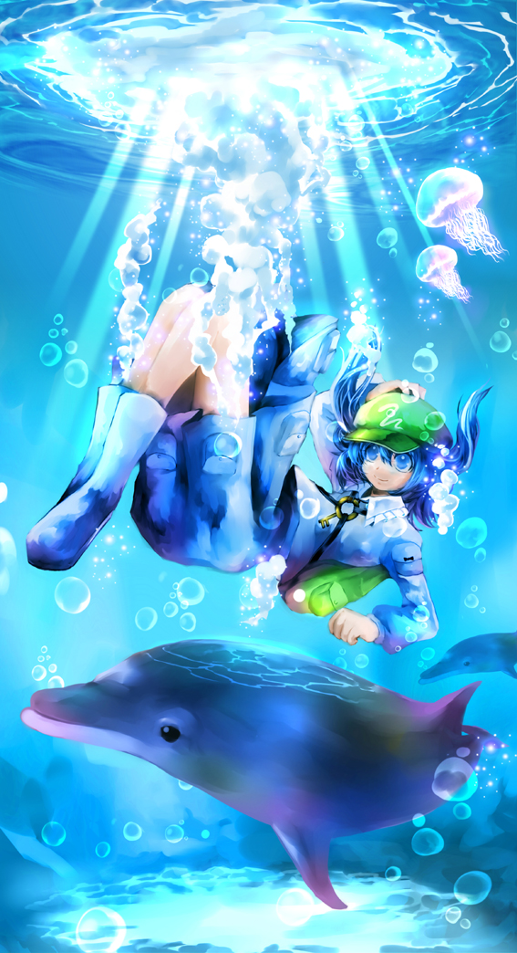 mikihiro, kawashiro nitori, touhou, bad id, bad pixiv id, 1girl, backpack, bag, blue eyes, blue hair, bubble, dolphin, female focus, full body, gradient background, hat, jellyfish, matching hair/eyes, randoseru, skirt, solo, twintails, underwater