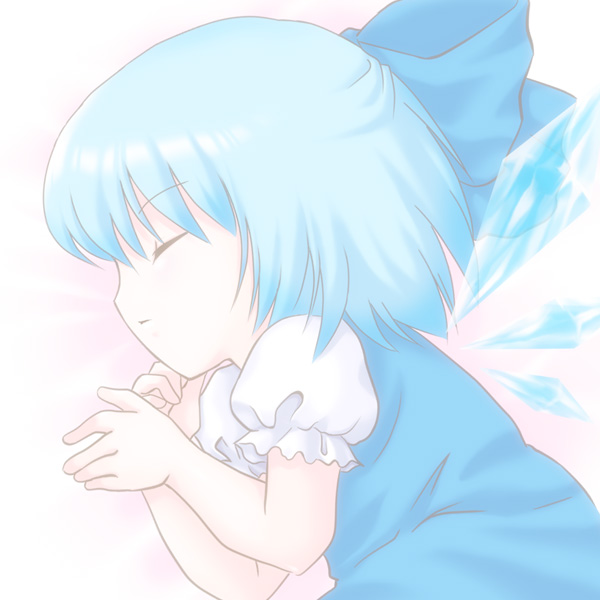 nerisu, cirno, embodiment of scarlet devil, touhou, 1girl, blue hair, bow, dress, female focus, gradient background, hair bow, short hair, sleeping, solo, white background, wings