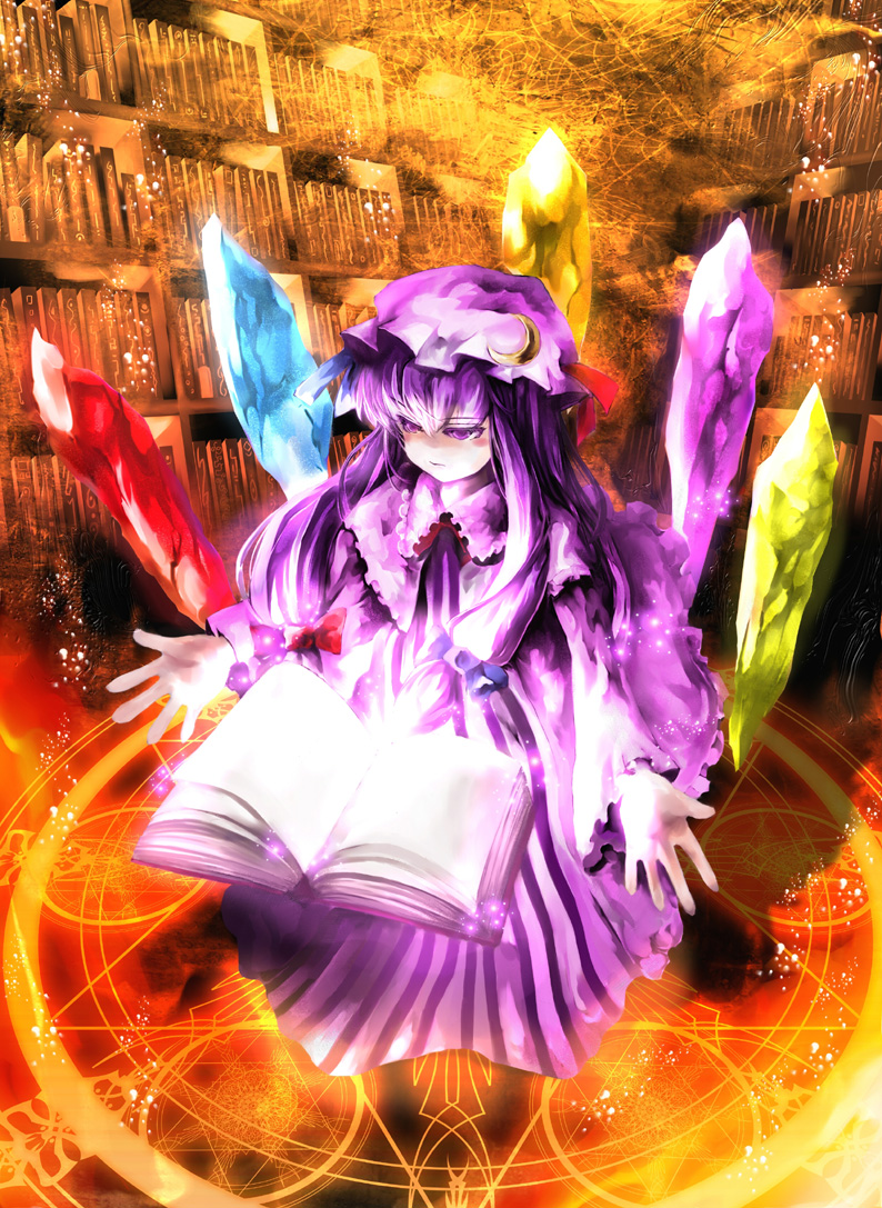 mikihiro, patchouli knowledge, touhou, bad id, bad pixiv id, 1girl, book, crystal, dress, female focus, hat, indoors, long hair, magic, magic circle, purple eyes, purple hair, runes, solo