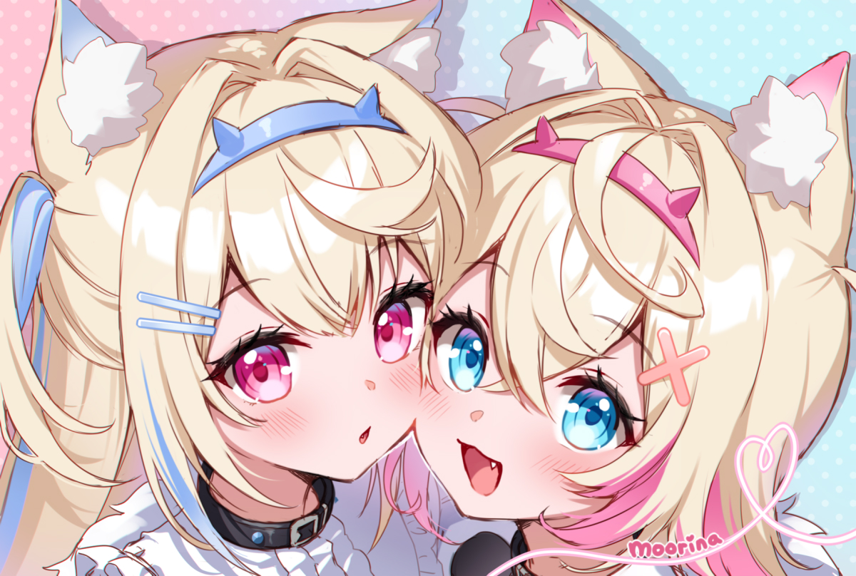 moorina, fuwawa abyssgard, fuwawa abyssgard (1st costume), mococo abyssgard, mococo abyssgard (1st costume), hololive, hololive english, 2girls, animal ear fluff, animal ears, black choker, blonde hair, blue eyes, blue hair, blush, cheek-to-cheek, choker, dog ears, dog girl, fake horns, frilled shirt collar, frills, hair between eyes, hair ornament, hairband, heads together, horn hairband, horns, long hair, looking at viewer, multicolored hair, multiple girls, open mouth, pink eyes, pink hair, siblings, sisters, smile, twins, x hair ornament