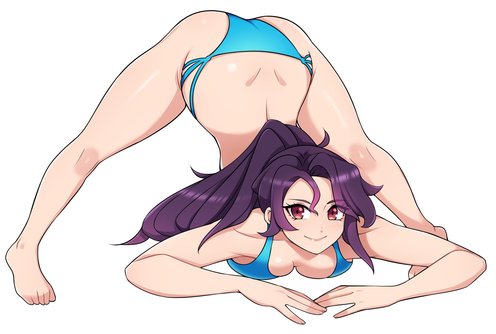oninuer, original, commentary, commission, english commentary, highres, 1girl, all fours, ass, barefoot, bikini, blue bikini, breasts, closed mouth, full body, jack-o' challenge, large breasts, long hair, looking at viewer, purple hair, red eyes, simple background, smile, solo, swimsuit, toes, top-down bottom-up, white background