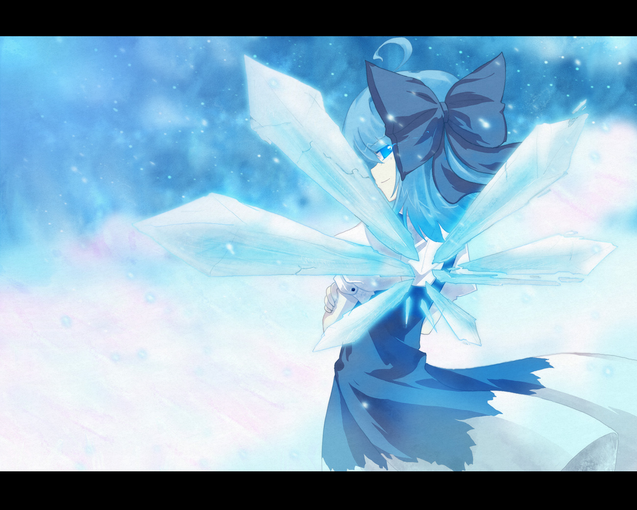 auer, cirno, embodiment of scarlet devil, touhou, bad id, bad pixiv id, 1girl, blue eyes, blue hair, bow, crossed arms, dress, female focus, from behind, glowing, glowing eyes, gradient background, hair bow, letterboxed, looking back, matching hair/eyes, ribbon, smirk, solo, standing, white background, wings