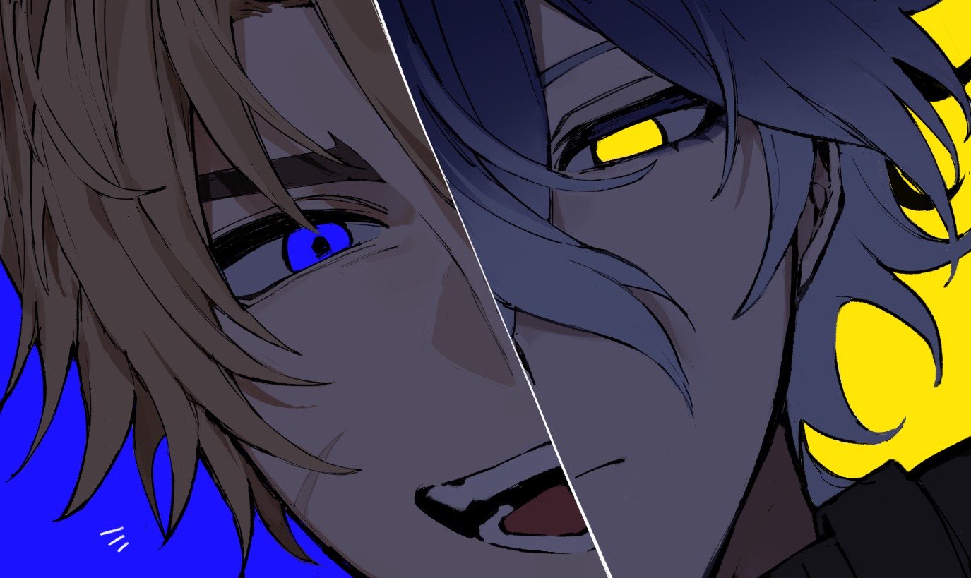 nana668, flins (genshin impact), varka (genshin impact), genshin impact, commentary request, 2boys, blonde hair, blue background, blue eyes, blue hair, close-up, closed mouth, forked eyebrows, gradient hair, grey hair, male focus, multicolored hair, multiple boys, open mouth, simple background, split image, teeth, tongue, yellow background, yellow eyes