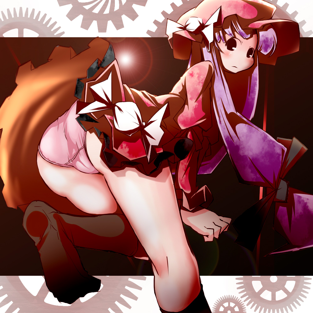 yofukashi, patchouli knowledge, touhou, 1girl, ass, black socks, dress, feet, female focus, hat, kneehighs, leg lift, lens flare, panties, pink panties, purple hair, red dress, red skirt, ribbon, skirt, socks, solo, standing, underwear, upskirt, wind, wind lift