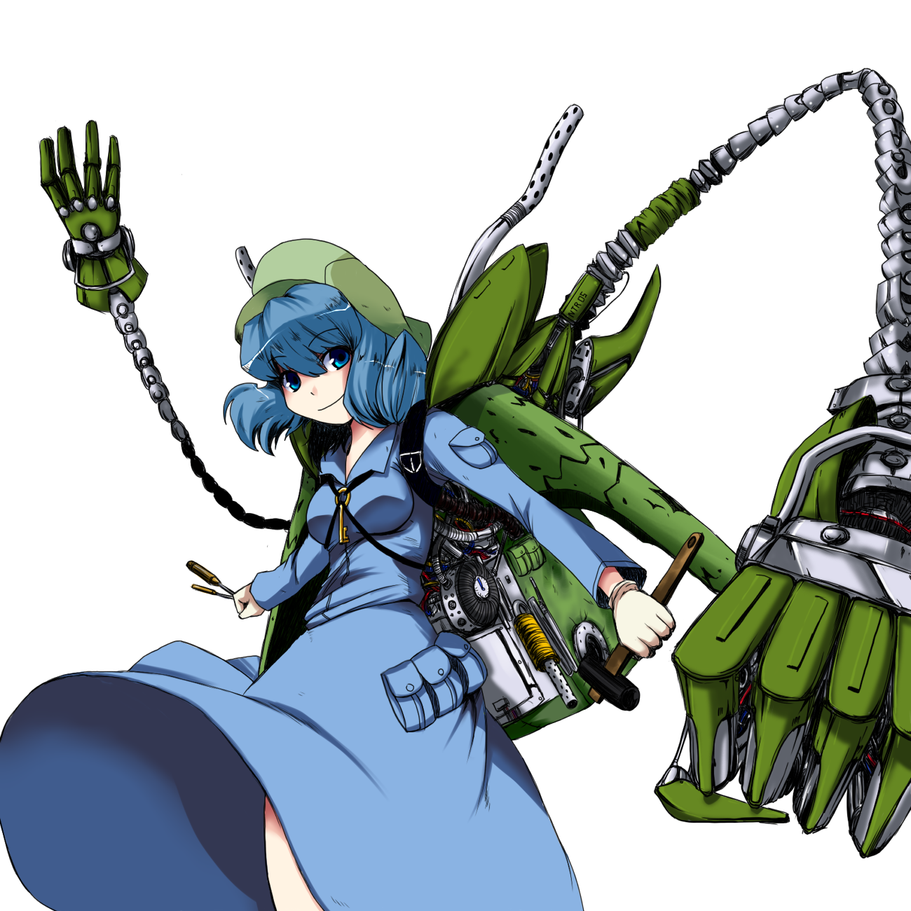 oyaji-sou, kawashiro nitori, touhou, mechanical, bad id, bad pixiv id, highres, 1girl, blue hair, dress, female focus, hat, mechanical arms, single mechanical arm, solo