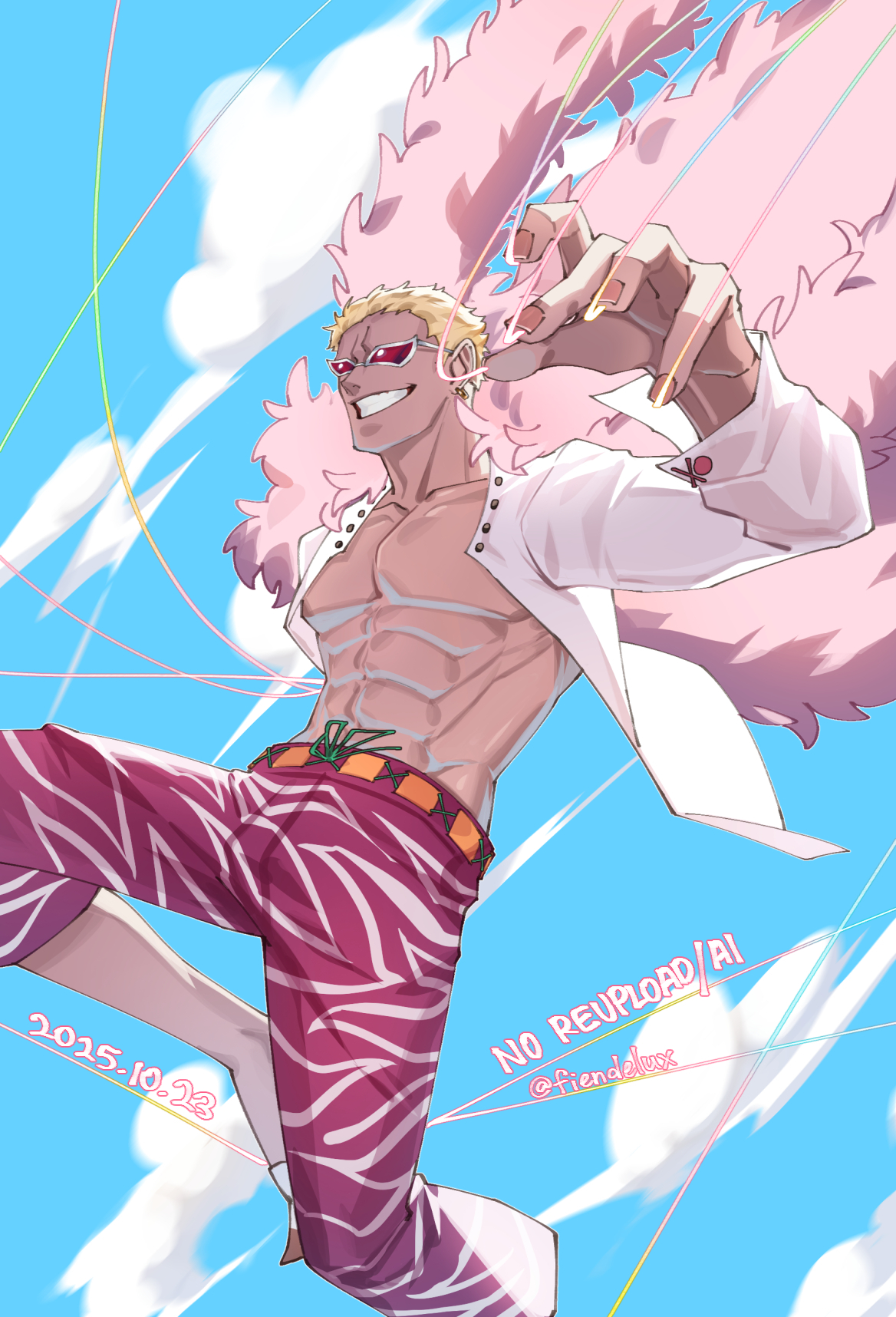 fiendelux, donquixote doflamingo, one piece, highres, 1boy, 2025, blonde hair, cloud, cloudy sky, coat, dated, english text, flying, male focus, muscular, muscular male, open clothes, open shirt, pink coat, shirt, short hair, sky, smile, sunglasses, thread, white shirt