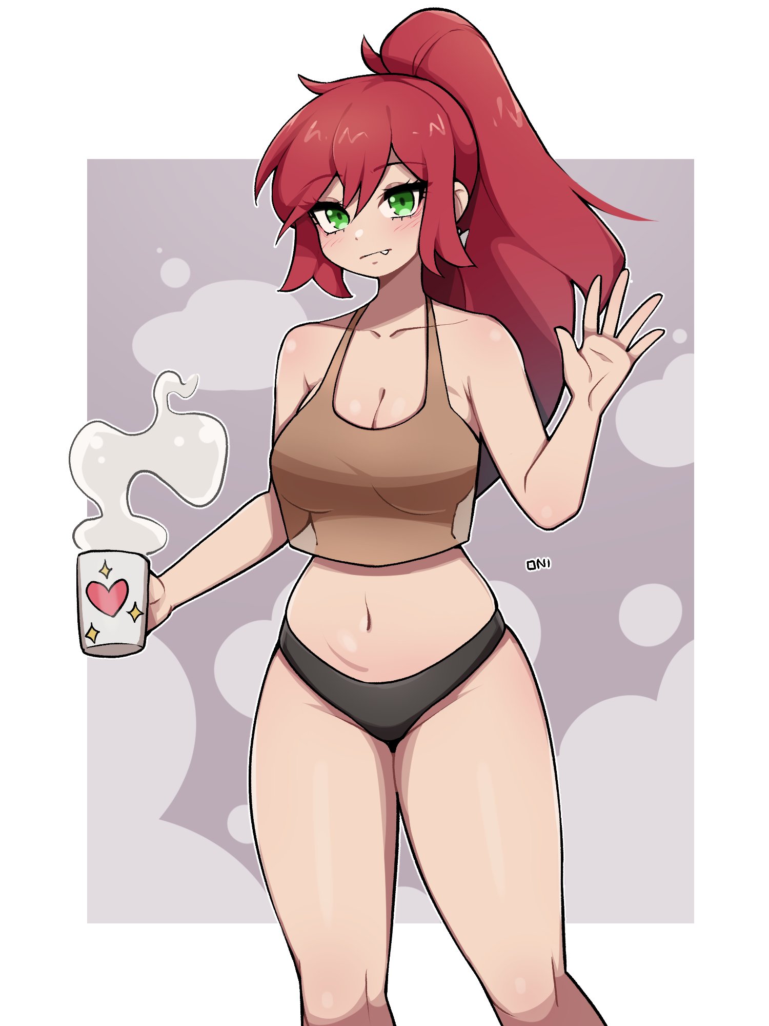 oninuer, original, commentary, commission, english commentary, highres, 1girl, black panties, border, breasts, brown tank top, cleavage, closed mouth, coffee mug, collarbone, cowboy shot, crop top, cup, double-parted bangs, fang, fang out, green eyes, grey background, hand up, holding, holding cup, large breasts, long hair, looking at viewer, midriff, mug, navel, outside border, panties, red hair, solo, steaming cup, tank top, thighs, underwear, white border