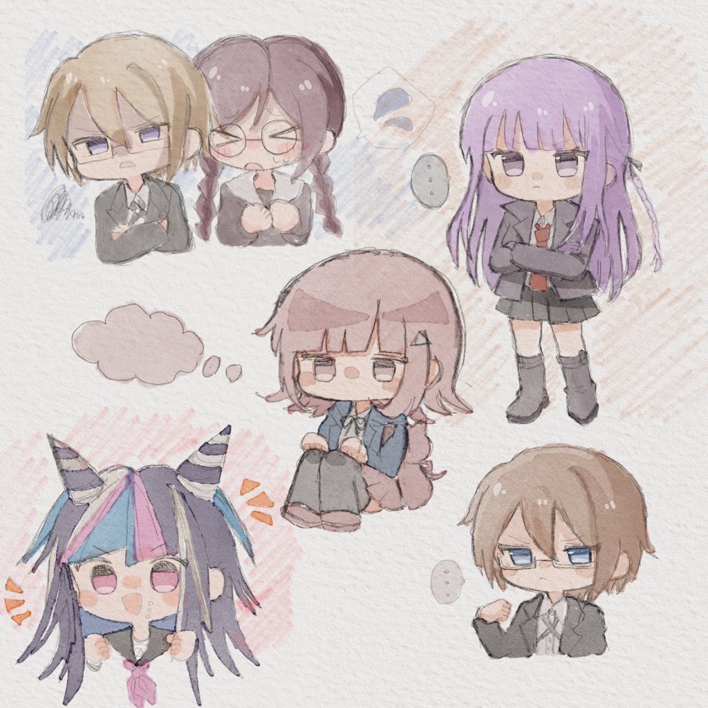 chayucha o0, fukawa toko, kirigiri kyoko, mioda ibuki, nanami chiaki, togami byakuya, danganronpa: trigger happy havoc, danganronpa (series), danganronpa 2: goodbye despair, 1boy, 4girls, black hair, black jacket, black skirt, blonde hair, blue eyes, blue hair, braid, brown hair, crossed arms, d:, glasses, hair horns, jacket, long hair, medium hair, miniskirt, multicolored hair, multiple girls, open clothes, open jacket, open mouth, pink hair, pleated skirt, skirt, twin braids, twintails, white hair