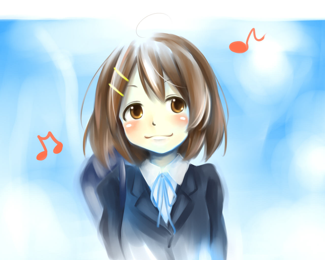 cla, hirasawa yui, k-on!, 00s, 1girl, :3, ahoge, blazer, blush, brown eyes, brown hair, female focus, gradient background, hair ornament, hairclip, jacket, musical note, school uniform, short hair, solo