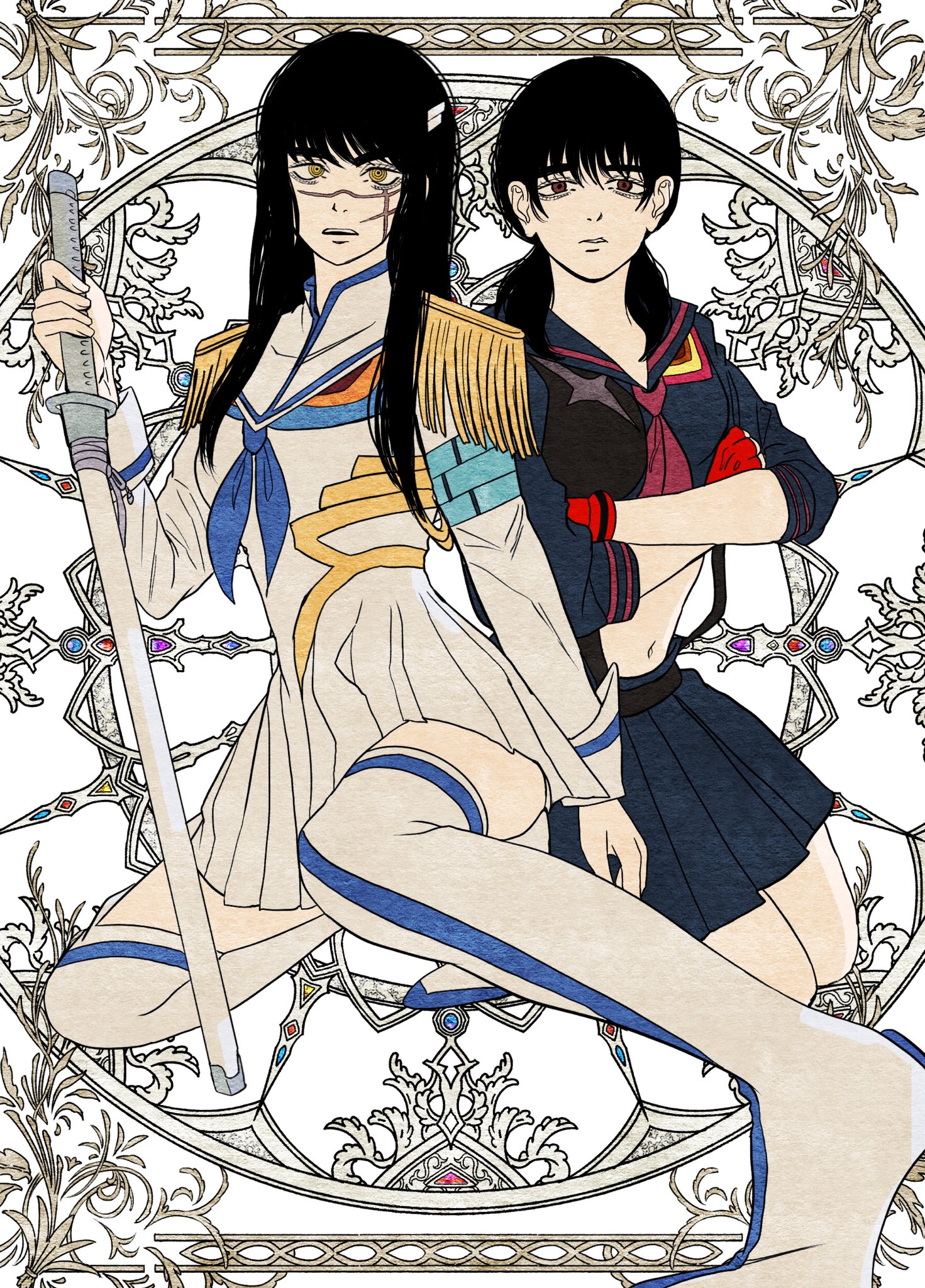 cdtxufre, kiryuuin satsuki, matoi ryuuko, mitaka asa, senketsu, chainsaw man, kill la kill, highres, 2girls, bakuzan, black hair, boots, breasts, cosplay, cross scar, epaulettes, facial scar, gloves, holding, holding sword, holding weapon, katana, kiryuuin satsuki (cosplay), large breasts, long hair, looking at viewer, low twintails, matoi ryuuko (cosplay), midriff, multiple girls, navel, revealing clothes, ringed eyes, scar, scar on cheek, scar on face, scar on nose, school uniform, serafuku, skirt, suspenders, sword, thigh boots, thighhighs, twintails, weapon