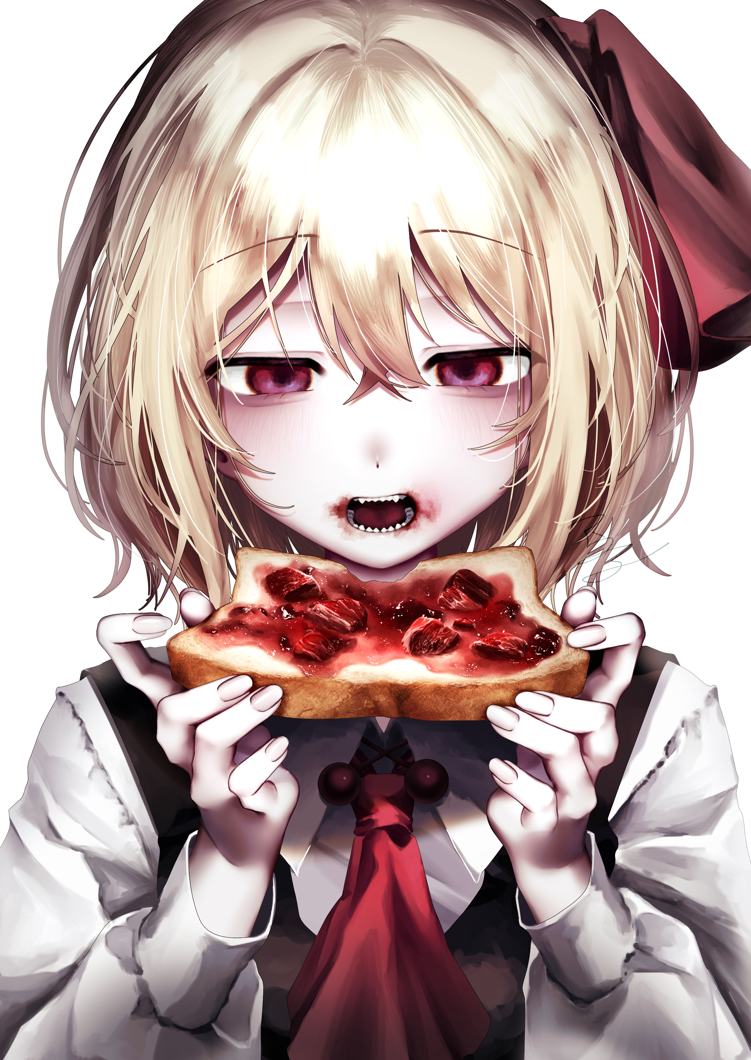 t terano, rumia, touhou, absurdres, highres, 1girl, ascot, black vest, blonde hair, blood, blood on face, bread, food, hair between eyes, hair ribbon, holding, holding food, long sleeves, meat, open mouth, red ascot, red eyes, red ribbon, ribbon, shirt, short hair, simple background, solo, teeth, vest, white background, white shirt