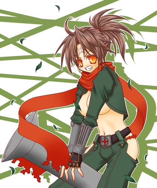 kisaragi you, shishigami bang, arc system works, blazblue, 1girl, breasts, brown hair, female focus, genderswap, genderswap (mtf), large breasts, nail (hardware), open clothes, open shirt, orange eyes, scar, scarf, shirt, short hair, solo