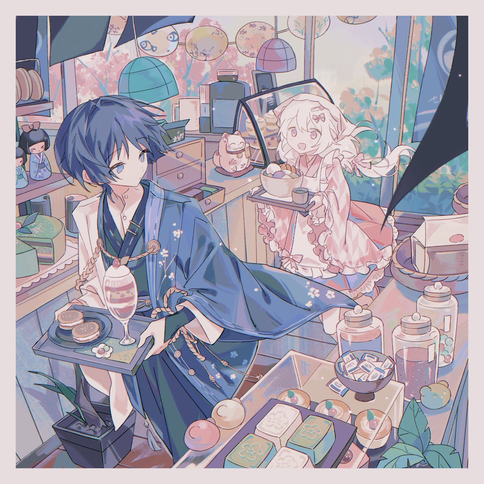 scaramouche (genshin impact), wanderer (genshin impact), genshin impact, original, artist request, commission, food request, highres, second-party source, 1boy, 1girl, aiguillette, alternate costume, apron, basket, black bridal gauntlets, black kimono, black pants, blue haori, blue sleeves, blunt ends, bow, bowl, bridal gauntlets, cafe, cake, candy, carton, closed mouth, coffee maker, commissioner insert, contemporary, couple, cream puff, cup, drawer, floral print, floral print kimono, food, frilled apron, frilled sleeves, frills, fruit, glass, grey hair, hair between eyes, hair bow, hair intakes, hakama, hakama pants, haori, hayami momo (hayamimomo), hetero, hina ningyou, holding, holding tray, ice cream, ice cream float, indoors, japanese clothes, jar, kimono, lace, lace-trimmed kimono, lace trim, layered sleeves, leaf, light blush, long hair, long sleeves, looking at another, looking back, maid, maid apron, maneki-neko, oc x canon, open mouth, pants, partially unbuttoned, pink bow, pink eyes, pink kimono, pink sleeves, plant, potted plant, print kimono, purple eyes, purple sash, rope, sash, shirt, sidelocks, strawberry, tareme, tassel, tray, two-tone haori, undershirt, wa maid, white apron, white hair, white haori, white shirt, white sleeves, wide sleeves