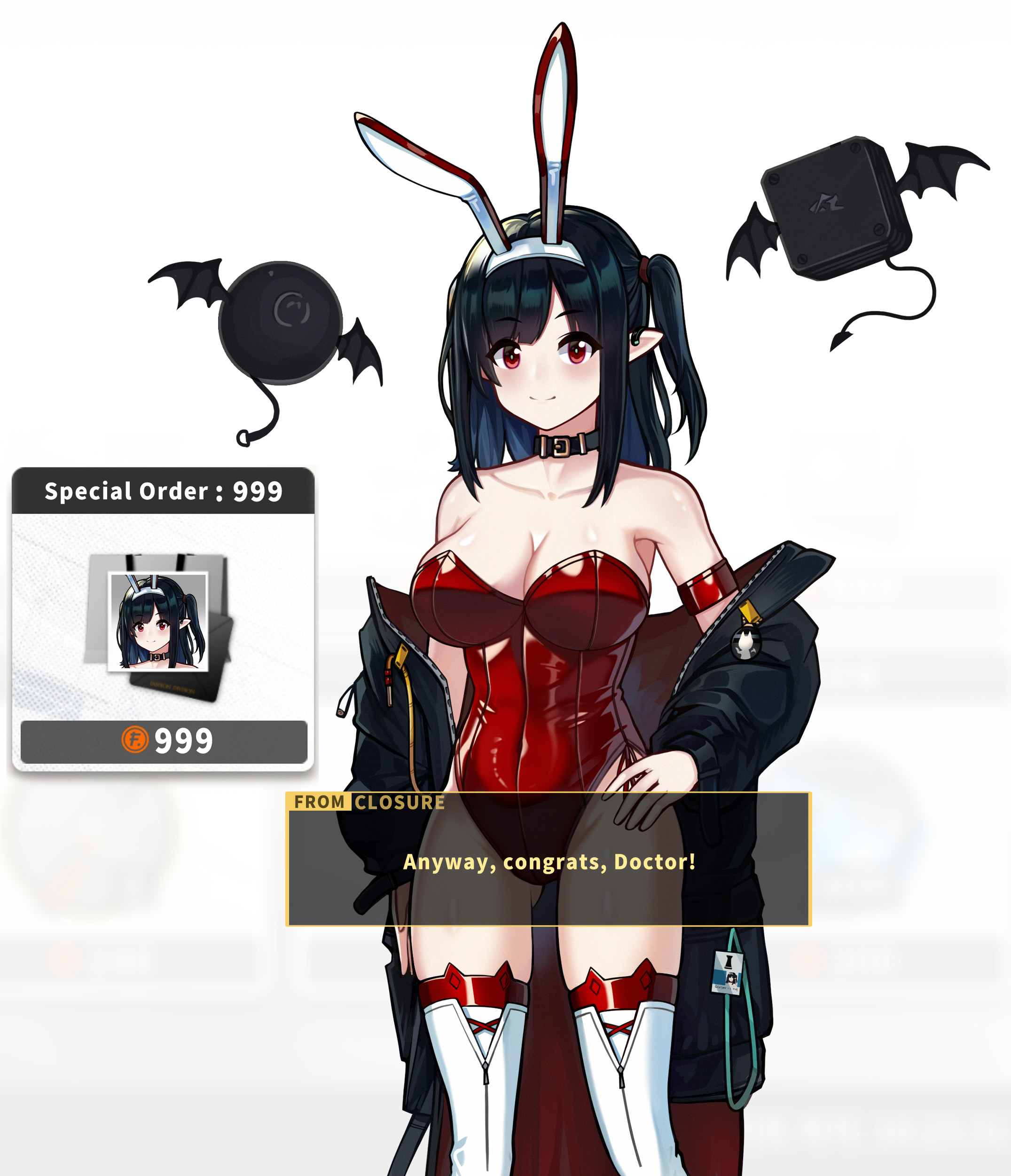 closure (arknights), arknights, absurdres, commentary request, highres, korean commentary, mixed-language commentary, 1girl, alternate costume, animal ear hairband, animal ears, black collar, black jacket, bluedok (o-ni), blush, boots, breasts, closed mouth, collar, covered navel, demon tail, demon wings, drone, fake animal ears, gluteal fold, hairband, highleg, highleg leotard, id card, jacket, large breasts, leotard, off shoulder, open clothes, open jacket, playboy bunny, rabbit ear hairband, rabbit ears, red leotard, simple background, strapless, strapless leotard, tail, thigh boots, white background, white boots, wings