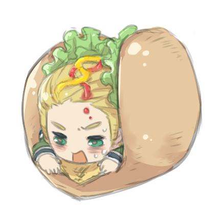 sagami jon, germany (hetalia), axis powers hetalia, bad id, bad pixiv id, lowres, 00s, 1boy, blonde hair, chibi, green eyes, hot dog, male focus, solo, taco