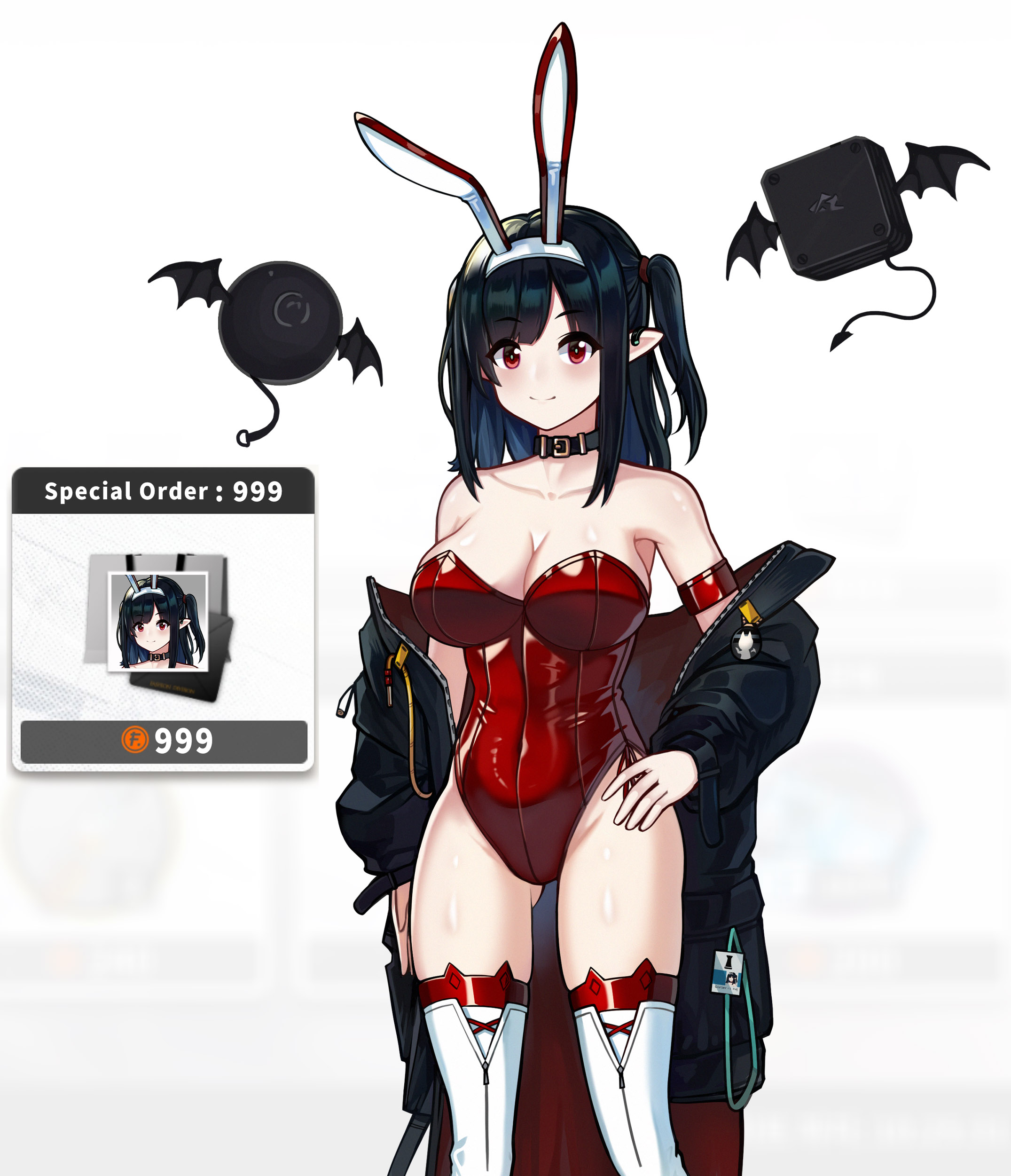 closure (arknights), arknights, absurdres, commentary request, highres, korean commentary, mixed-language commentary, 1girl, alternate costume, animal ear hairband, animal ears, black collar, black jacket, bluedok (o-ni), boots, breasts, collar, covered navel, demon tail, demon wings, drone, english text, fake animal ears, gluteal fold, hairband, highleg, highleg leotard, id card, jacket, large breasts, leotard, off shoulder, open clothes, open jacket, playboy bunny, rabbit ear hairband, rabbit ears, red leotard, simple background, strapless, strapless leotard, tail, thigh boots, white background, white boots, wings