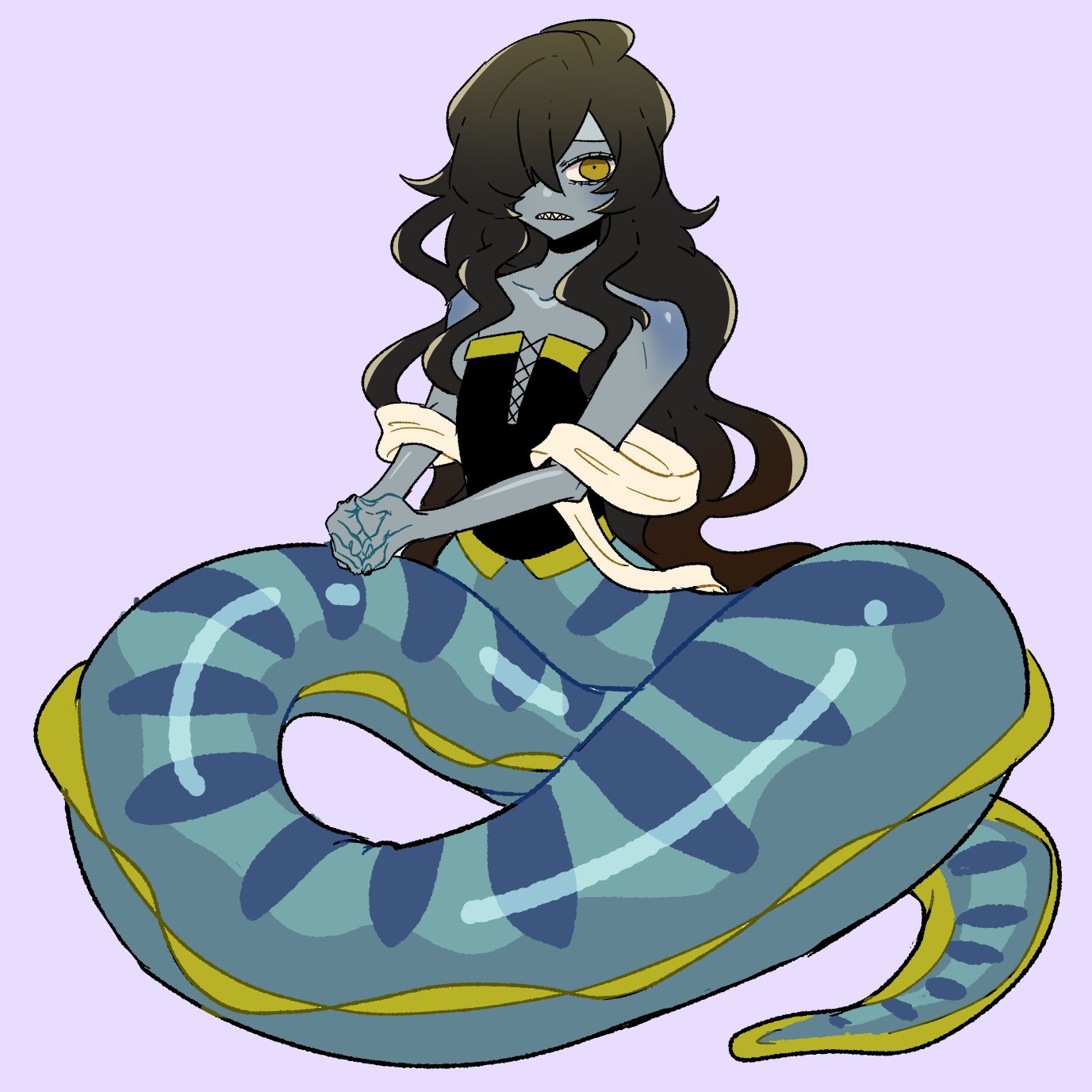 hikagami (june lotus), original, commentary request, highres, 1girl, black hair, blue skin, colored skin, corset, eel girl, fins, full body, hair over one eye, long hair, looking at viewer, mermaid, monster girl, own hands together, purple background, sharp teeth, shawl, simple background, solo, teeth, very long hair, yellow eyes