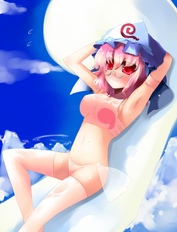 shin (new), saigyouji yuyuko, touhou, 1girl, armpits, bespectacled, bikini, breasts, female focus, glasses, gradient background, hat, outdoors, pink hair, red eyes, short hair, sky, solo, swimsuit