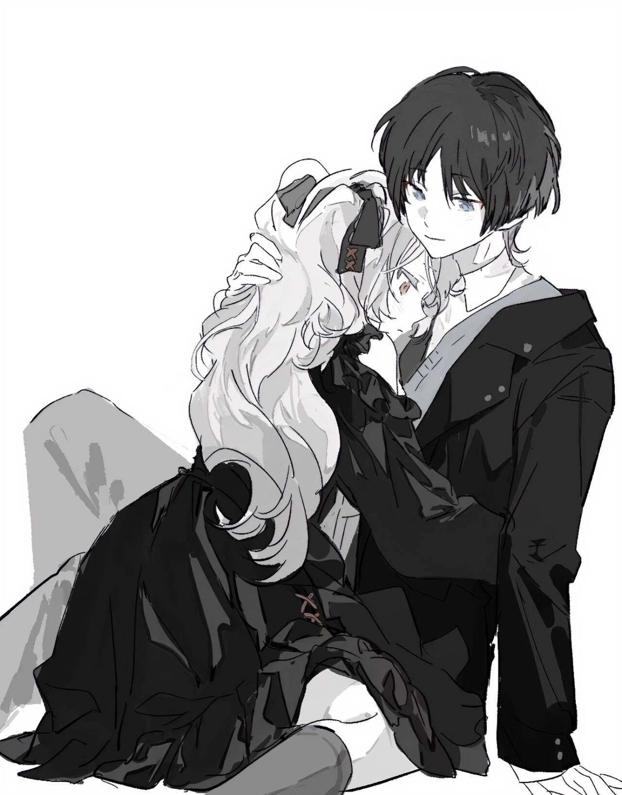 scaramouche (genshin impact), genshin impact, original, artist request, commission, highres, second-party source, 1boy, 1girl, alternate costume, arm at side, arm support, blazer, blunt ends, bow, closed mouth, clothing cutout, collared shirt, commissioner insert, contemporary, couple, cross-laced clothes, cross-laced dress, dress, eyelashes, frilled bow, frilled dress, frills, greyscale, hair bow, half-closed eyes, hand in another's hair, hayami momo (hayamimomo), hetero, hug, jacket, lapels, long hair, long sleeves, looking at another, monochrome, necktie, pants, parted bangs, school uniform, shirt, shoulder cutout, sitting, smile, spot color, sweater vest, tsurime, two side up, wariza