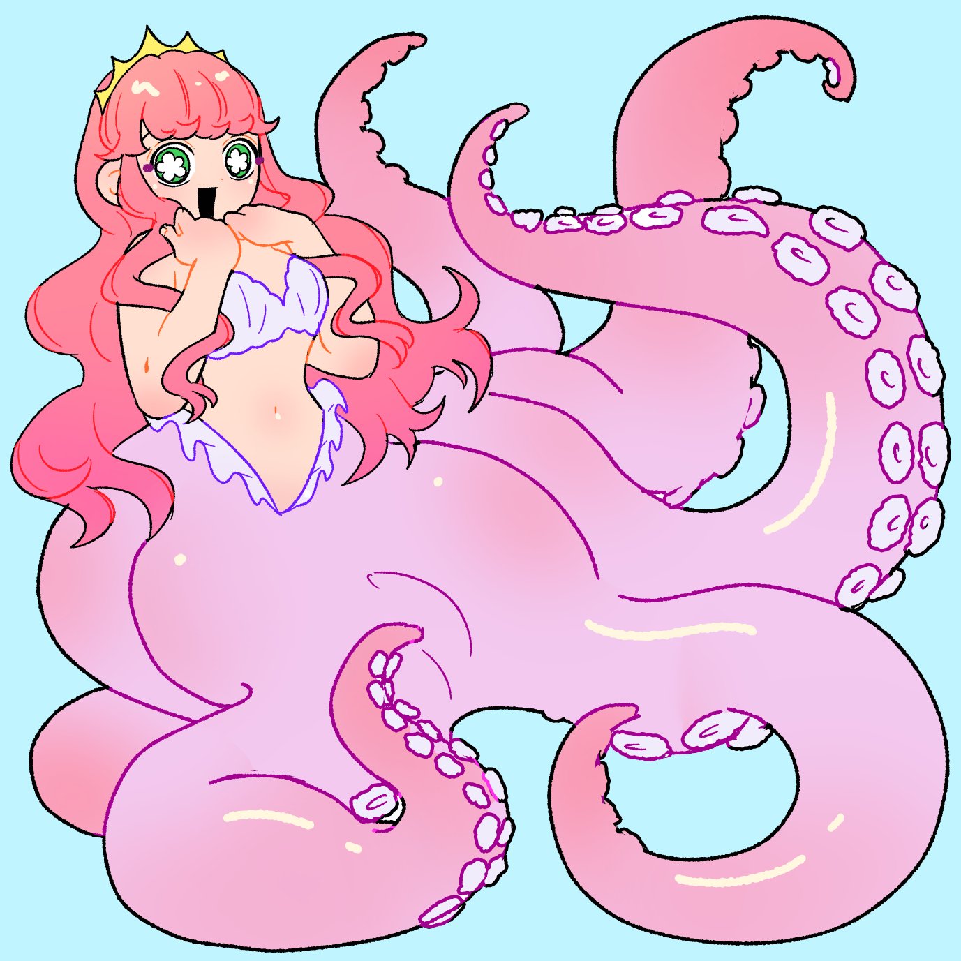 hikagami (june lotus), original, commentary request, highres, 1girl, blue background, flower-shaped pupils, full body, green eyes, long hair, looking at viewer, monster girl, pink hair, scylla, simple background, solo, symbol-shaped pupils, tentacles, tiara, very long hair