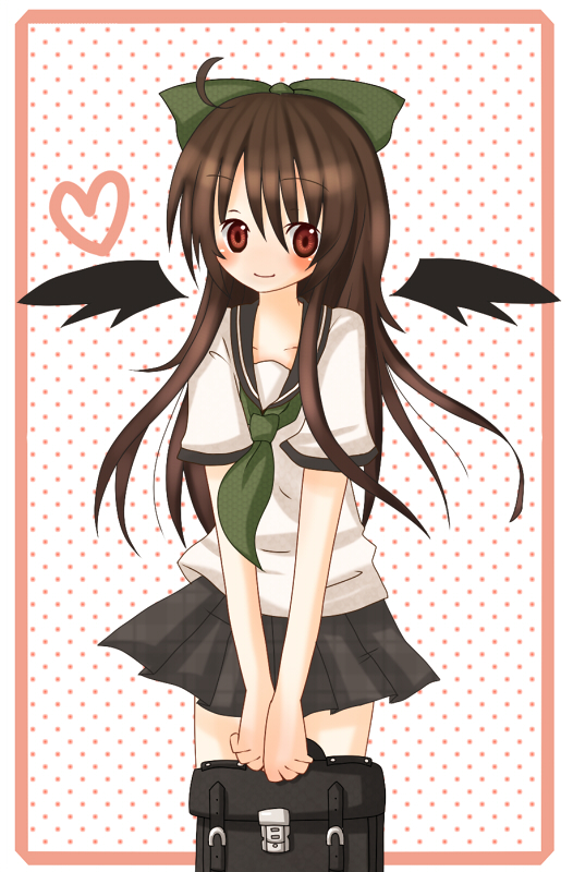 reiuji utsuho, touhou, 1girl, alternate costume, bag, brown hair, female focus, school bag, school uniform, skirt, solo, white background, wings