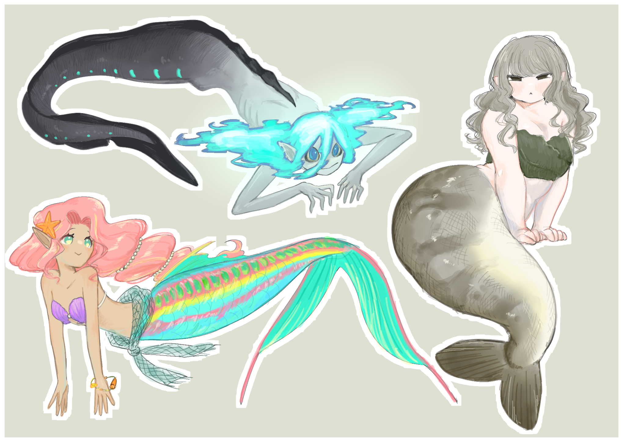 hikagami (june lotus), original, commentary request, highres, 3girls, bikini, blue eyes, blue hair, blue skin, colored skin, emaciated, fins, green background, green eyes, grey hair, long hair, mermaid, monster girl, multiple girls, pink hair, plump, pointy ears, shell, shell bikini, simple background, swimsuit