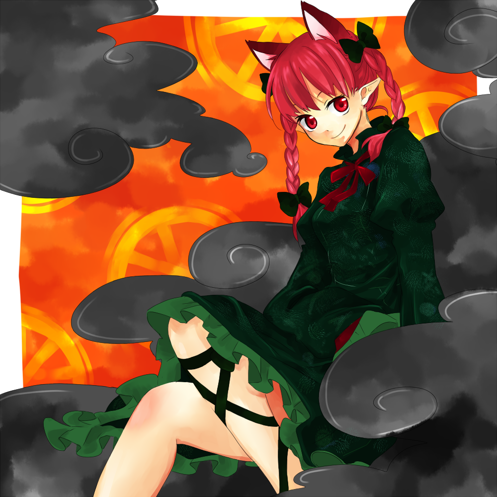 kaenbyou rin, touhou, bad id, bad pixiv id, 1girl, animal ears, braid, cat ears, female focus, hair between eyes, hair bow, multiple hair bows, pointy ears, pumpkin, red hair, sitting, solo, tail, twin braids