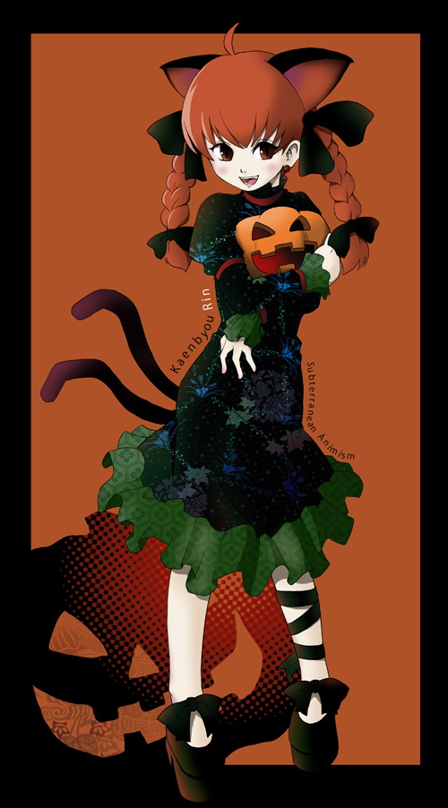 satomura kyou, kaenbyou rin, touhou, 1girl, :d, animal ears, asymmetrical legwear, black border, border, braid, character name, copyright name, dress, female focus, holding, jack-o'-lantern, open mouth, orange background, pumpkin, red hair, smile, solo, tail, twin braids, uneven legwear