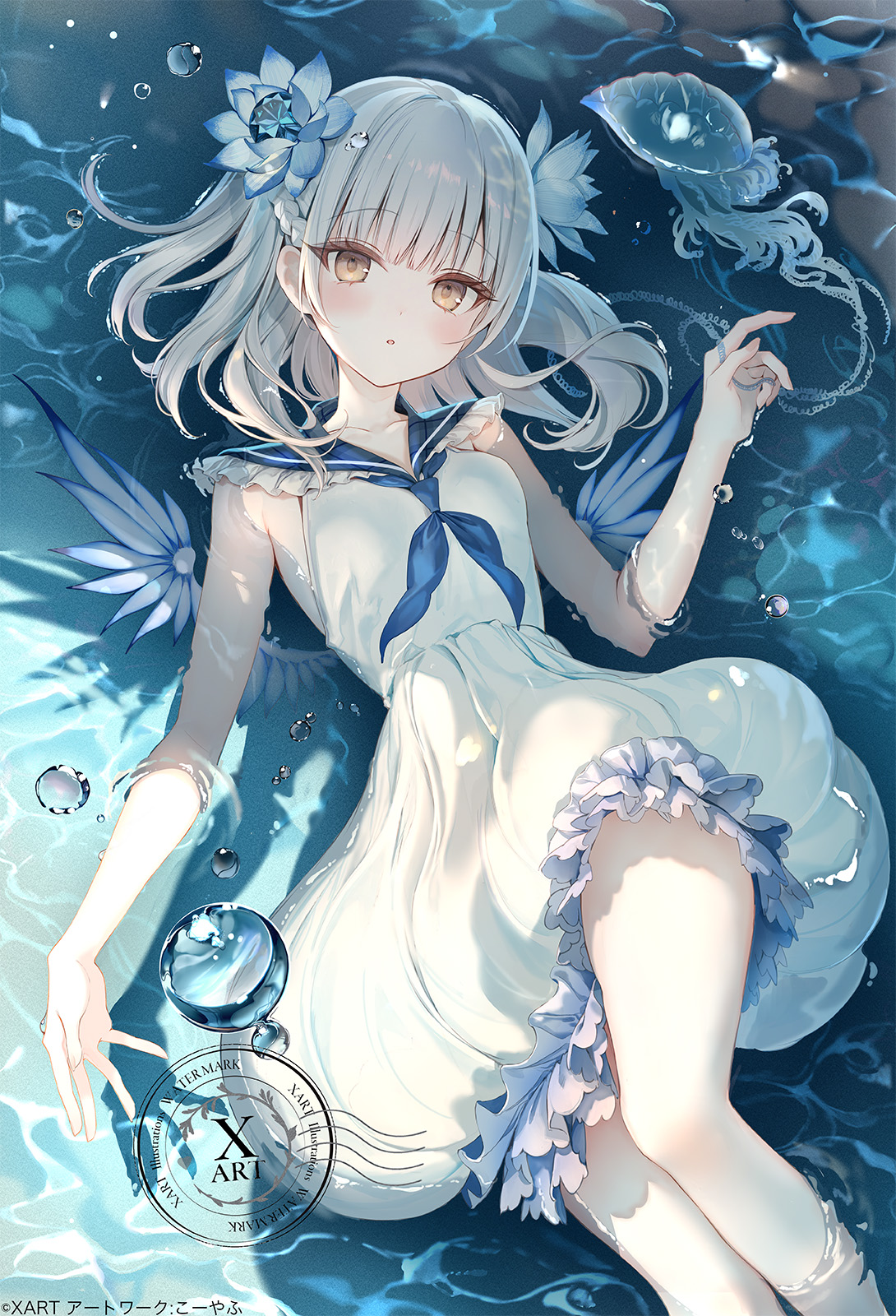 kouyafu, original, highres, second-party source, 1girl, blue neckerchief, blue sailor collar, blush, braid, breasts, brown eyes, dress, feathered wings, frilled dress, frilled sailor collar, frills, grey hair, hair ornament, hand up, long hair, looking at viewer, lying, medium hair, neckerchief, on back, parted lips, partially submerged, sailor collar, sailor dress, sleeveless, sleeveless dress, solo, water, white dress, white hair, wings