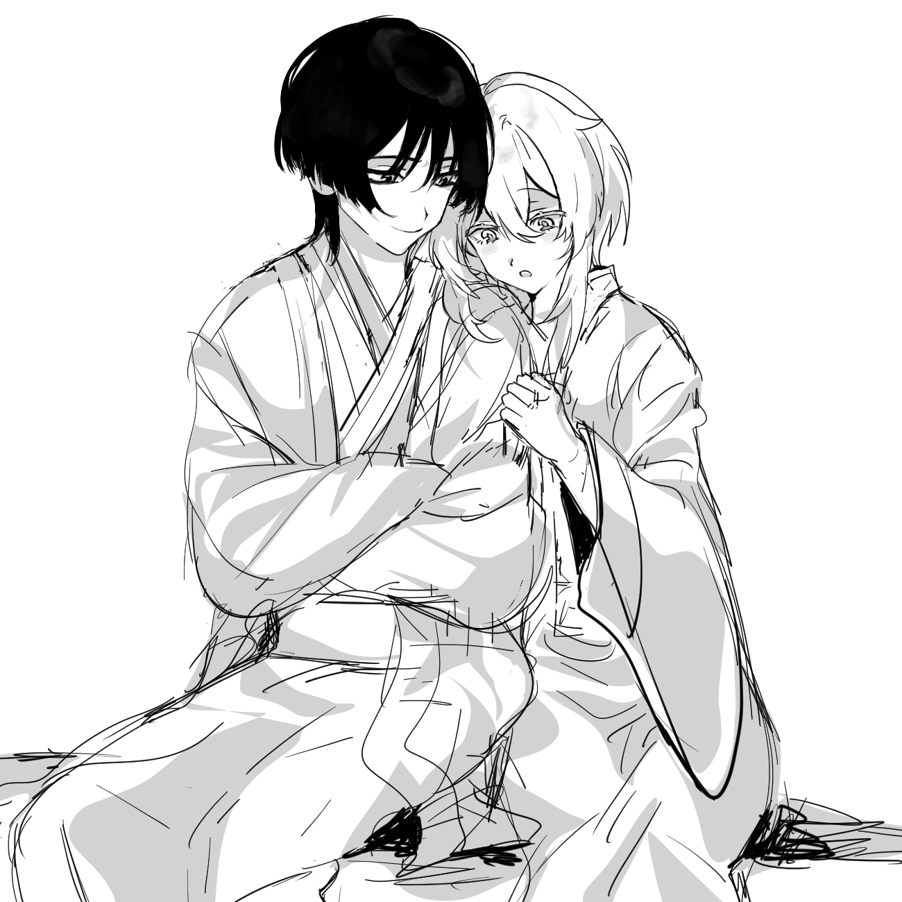 hldaisuki, lumine (genshin impact), scaramouche (genshin impact), genshin impact, highres, 1boy, 1girl, alternate costume, blunt ends, blush, clenched hand, closed mouth, eyelashes, greyscale, hair between eyes, hand up, haori, hetero, japanese clothes, kimono, long sleeves, looking at another, monochrome, open mouth, sash, short hair, short hair with long locks, side-by-side, sidelocks, sitting, smile, tsurime, white background, wispy bangs