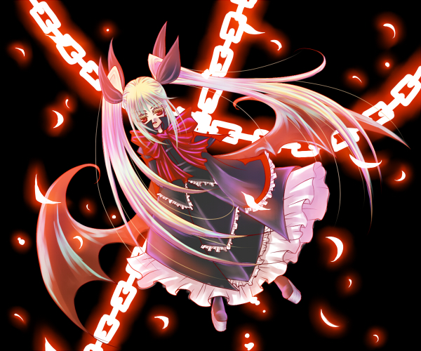 kisaragi you, rachel alucard, arc system works, blazblue, bat wings, chain, dress, frills, gothic lolita, lolita fashion, long hair, red eyes, solo, twintails, very long hair, wings