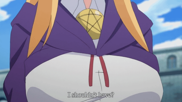 louise francoise le blanc de la valliere, tiffania westwood, zero no tsukaima, animated, animated gif, anime screenshot, 00s, 2girls, blonde hair, breast rest, breast smother, breasts, face to breasts, fansub, huge breasts, long hair, multiple girls, pink hair