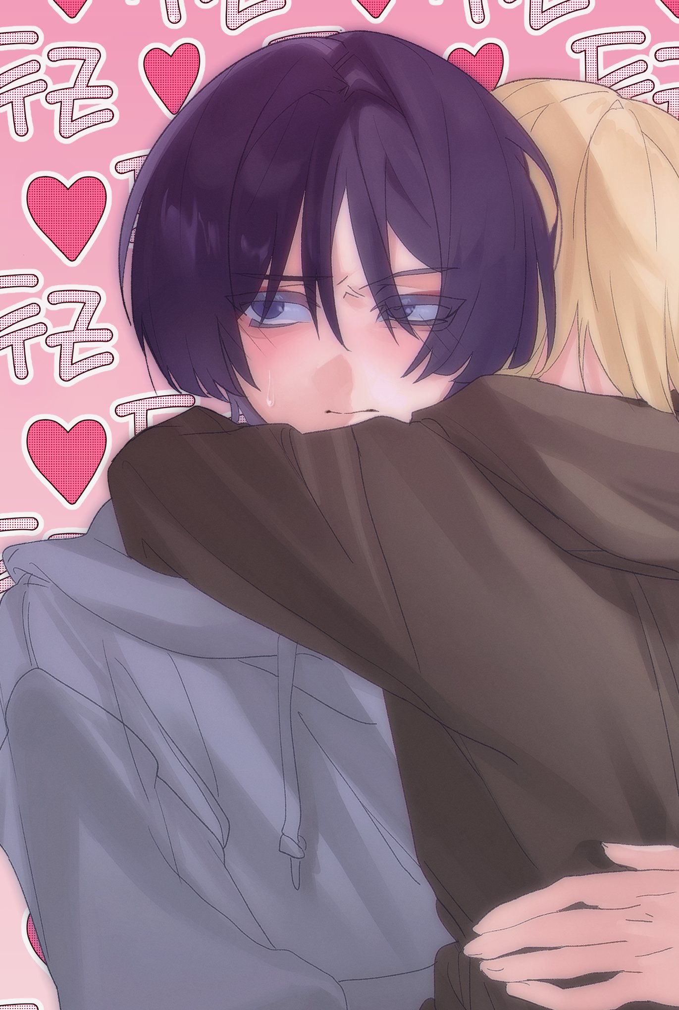 hldaisuki, lumine (genshin impact), scaramouche (genshin impact), genshin impact, highres, translation request, 1boy, 1girl, aegyo sal, arm around neck, averting eyes, blonde hair, blunt ends, blush, brown hoodie, colored eyelashes, couple, drawstring, eyeliner, eyeshadow, fingernails, grey hoodie, hand on another's back, heart, heart background, hetero, hood, hoodie, hug, korean text, makeup, pink background, purple eyes, purple hair, red eyeliner, red eyeshadow, sweatdrop, tsurime