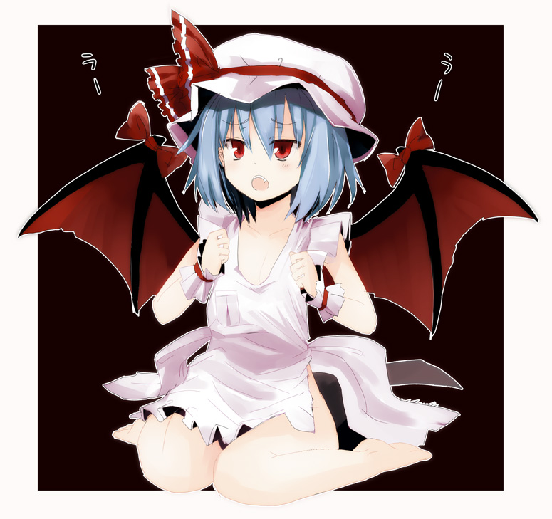 gotyou, remilia scarlet, touhou, bad id, bad pixiv id, 1girl, apron, barefoot, bat wings, blue hair, female focus, flat chest, full body, hat, naked apron, red eyes, ribbon, solo, wings, wrist cuffs
