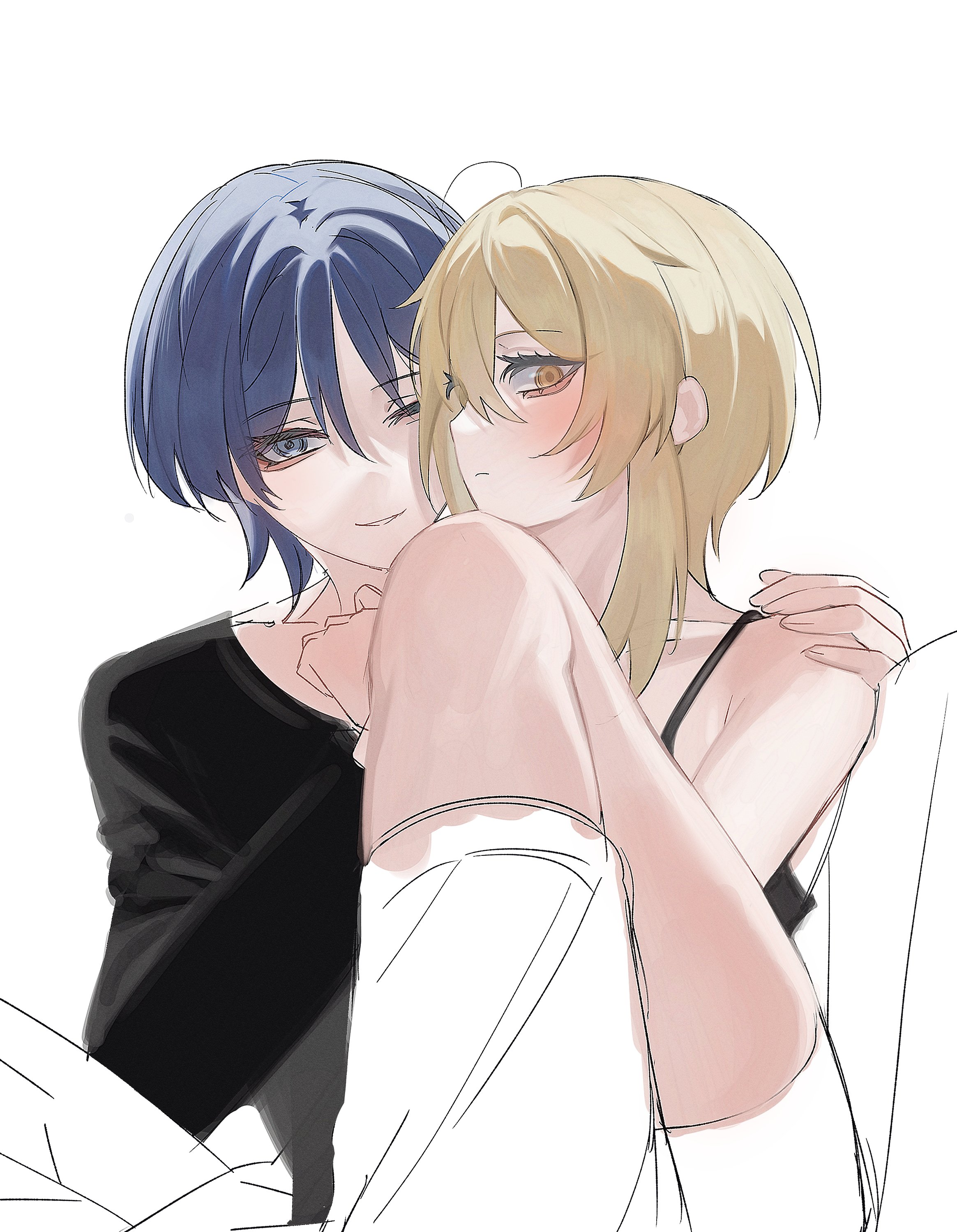 hldaisuki, lumine (genshin impact), scaramouche (genshin impact), genshin impact, absurdres, highres, unfinished, 1boy, 1girl, aegyo sal, ahoge, alternate costume, black camisole, black shirt, black sleeves, blonde hair, blunt ends, camisole, casual, closed mouth, collarbone, contemporary, eyelashes, eyeliner, eyeshadow, fingernails, grey eyes, grey hair, hand on another's shoulder, hetero, knee up, leg focus, long sleeves, looking at viewer, makeup, parted lips, red eyeliner, red eyeshadow, shirt, short hair, short hair with long locks, sidelocks, sideways mouth, smile, spaghetti strap, tsurime, white background, white mouth