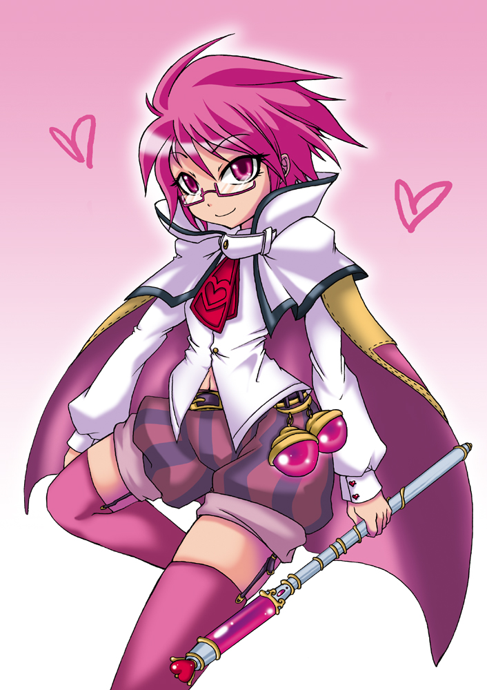 arakihaya, hanoi, mage (7th dragon), 7th dragon, 7th dragon (series), bad id, bad pixiv id, 1girl, cape, female focus, male focus, pink eyes, pink hair, solo, thighhighs, wand